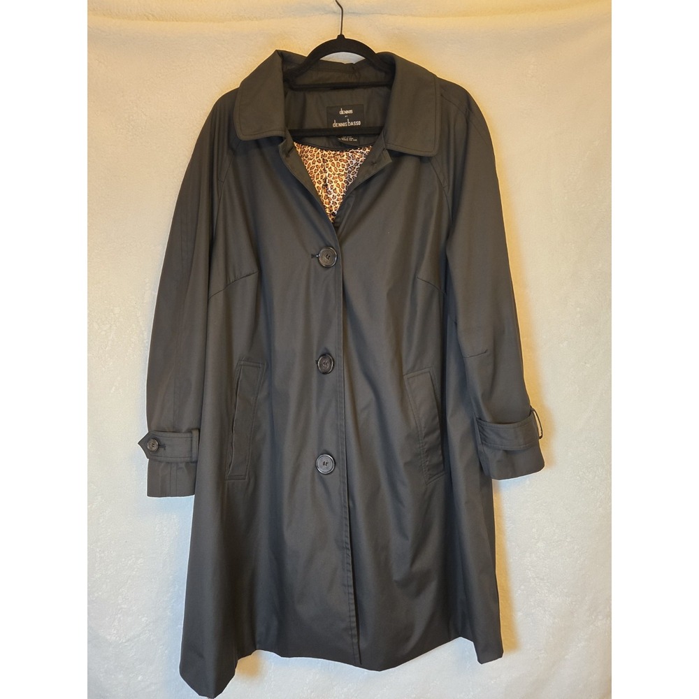 Dennis By Dennis Basso Women's Long Black Coat 1X Leopard Print Lining Buttons